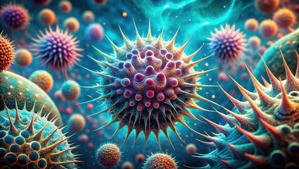 Fototapeta premium Microscopic View of Diverse Cellular Structures A Detailed Representation of Complex Biological Entities with Intricate Surface Textures and Varied Coloration.