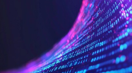 abstract digital binary code background with a blue  and purple glow, a computer screen and data technology concept.