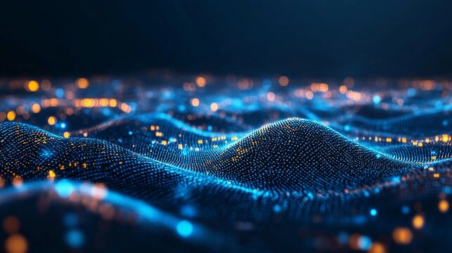 abstract digital binary code grid wave background with a blue and orange glow, a computer screen and data technology concept