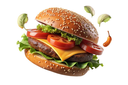 Gourmet burger with flying components like fresh vegetables and sesame bun, emphasizing food creativity and dynamic presentation.
