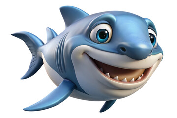Cute and happy cartoon shark with bright blue eyes and a playful demeanor, perfect for ocean themed educational materials or media.