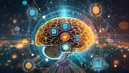 illustration of a digital brain with glowing icons representing artificial intelligence