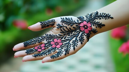 Intricate Henna Tattoo with Delicate Pink Flowers on Woman's Hand