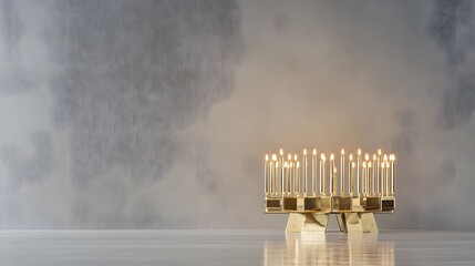 Golden Candlestick Holder With Lit Candles Against Grey Wall