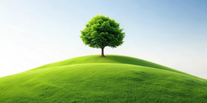 Serene landscape of a single tree atop a rolling green hill under a clear sky
