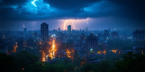 Obraz premium Cityscape Lightning Storm Night