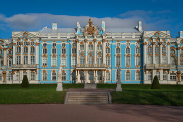 View of the Catherine Palace in the Catherine Park of Tsarskoye Selo in the sunny spring day,...