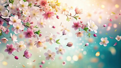 Fototapeta premium Delicate Spring Blossoms Dancing in a Gentle Breeze, Petals Falling Softly on a Dreamy Background