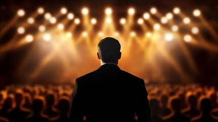 A person stands before a bright stage, facing an audience, ready to perform or speak.