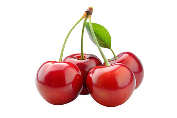 Fresh and juicy red cherries with vibrant green stems and leaf, perfectly ripe and displayed against a clean white background.