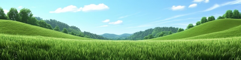 Fototapeta premium A serene landscape featuring rolling green hills and a clear blue sky with scattered clouds.