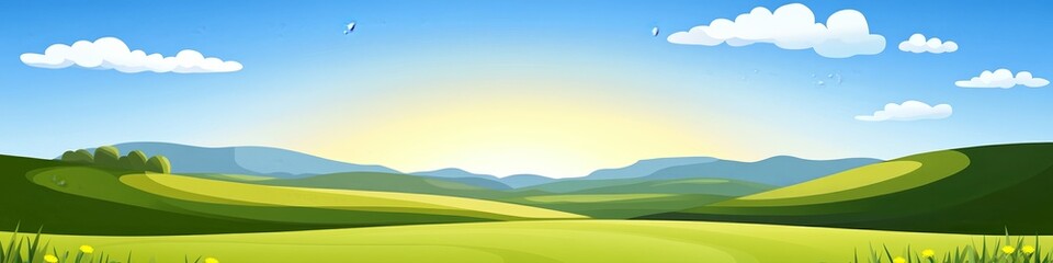 A serene landscape featuring rolling hills, a bright sky, and gentle clouds.