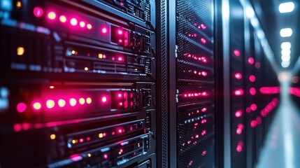 Fototapeta premium Illuminated Data Center Servers in Operation with High-Tech Design Elements