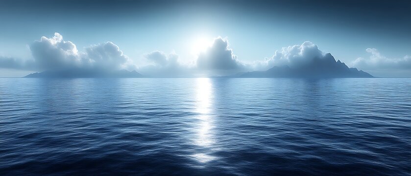 Serene ocean sunrise over distant islands.