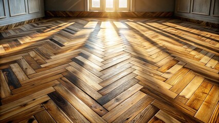 Warm sunlight streams through a window, illuminating a stunning herringbone hardwood floor.