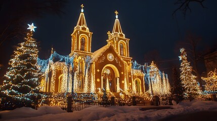Fototapeta premium Festive Church Decorated With Christmas Lights At Night