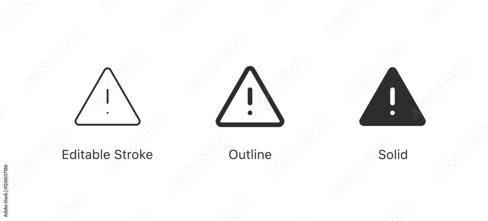 Poster triangle warning icon set, exclamation mark icon sign. editable stroke, outline, and solid styles. f