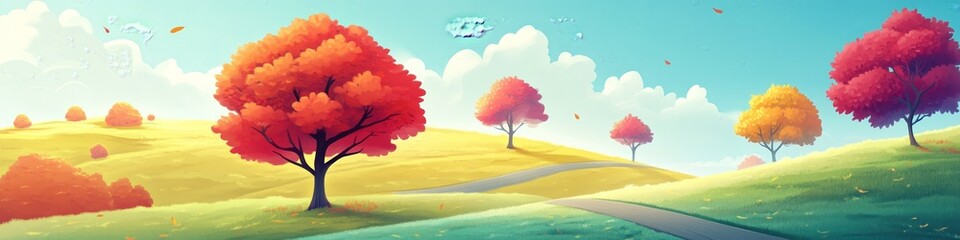 A serene landscape featuring vibrant autumn trees and rolling hills under a bright sky.