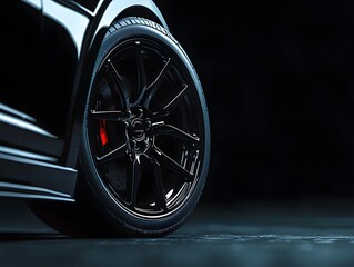Black Car Wheel and Tire with Red Brake Caliper