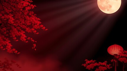 Red moon, lantern, and maple leaves at night.