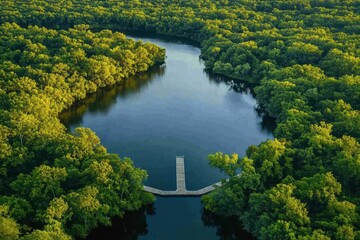 Fototapeta premium Aerial view of a tranquil lake nestled within a lush green forest, featuring a small wooden dock. Perfect for illustrating peace, nature, serenity, or eco-tourism themes.