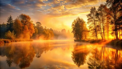 Fototapeta premium Golden Sunrise over Still Water, Trees Silhouetted Against a Vibrant Sky, Misty Morning Scene Reflecting in Calm Lake