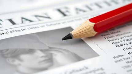 Red pencil on newspaper with grayscale image.