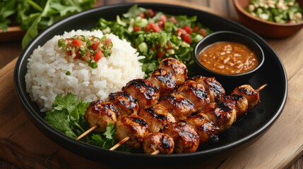 Fototapeta premium Delicious Grilled Chicken Satay with Peanut Sauce, Rice, and Salad
