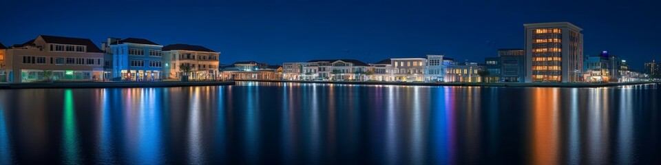 Obraz premium A serene nighttime waterfront scene with colorful reflections on the water.