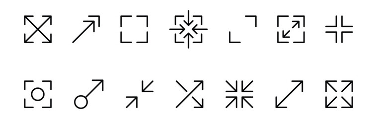 maximize and minimize line Arrows icon set , vector resizing, expanding arrow line icons in thin line style. editable stroke