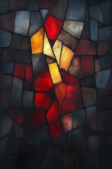 Fototapeta premium Abstract mosaic of red, orange, and blue glass pieces.