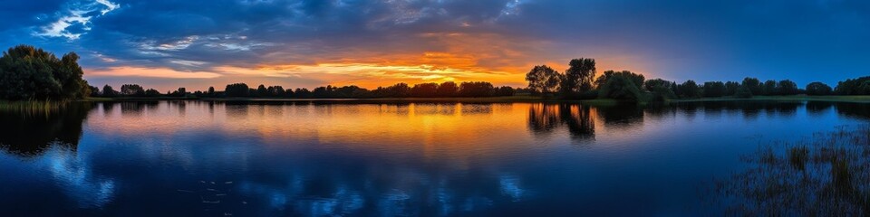 Fototapeta premium A serene sunset over a calm lake, reflecting vibrant colors in the water.