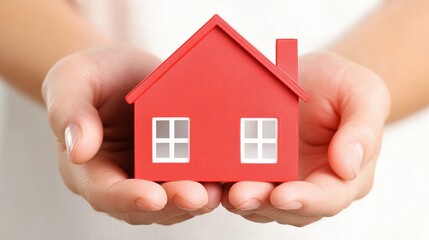 a pair of hands holding a simple small red model of a house, real estate downsizing concept