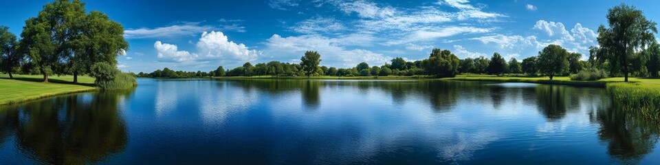 Fototapeta premium A serene landscape featuring a calm lake surrounded by lush greenery and blue skies.