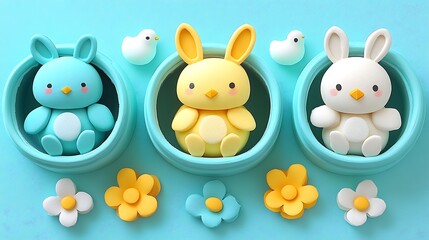 Obraz premium A row of ceramic Easter egg decorations on a mantelpiece, with fairy lights softly illuminating the scene.