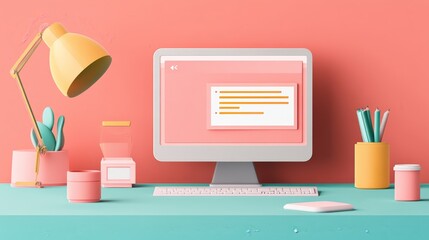 A pastel-themed workspace featuring a computer, desk lamp, and decorative plants.