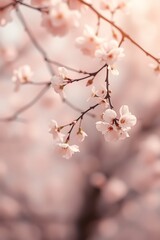 Obraz premium Delicate pink cherry blossoms on a branch, backlit by sunlight.