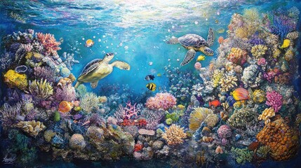 Vibrant Coral Reef Seascape: Underwater Paradise with Sea Turtles