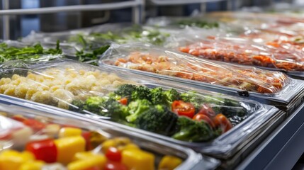 Obraz premium Freshly prepared vegetables and seafood displayed in a refrigerated market showcasing vibrant colors