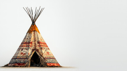 Native American teepee with intricate patterns, standing on a light-colored sandy ground against a white background.