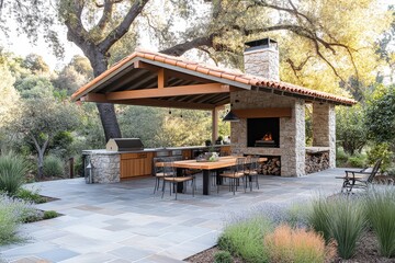 Fototapeta premium Traditional outdoor living space featuring an open-air kitchen, fireplace, and dining area with natural stone pavers. Includes wooden tables, metal chairs, and a large shade tree.
