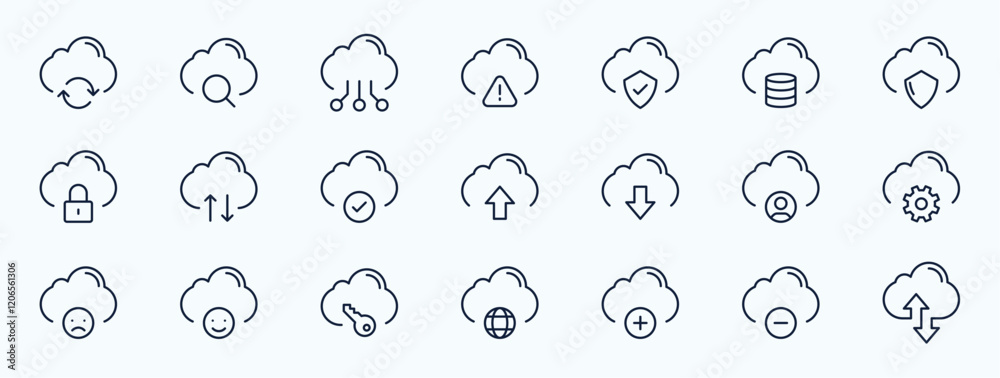 Poster Cloud computing icon set. featuring upload, download, security, sync, storage minimal thin line web icon set. Outline icons collection. Vector illustration. Editable stroke