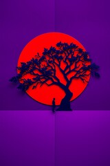 Silhouette tree, person, red sun, purple background.