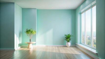 Serene Minimalist Room Interior Design with Sunlight Streaming Through a Large Window and Potted Plants on Light Wood Floor