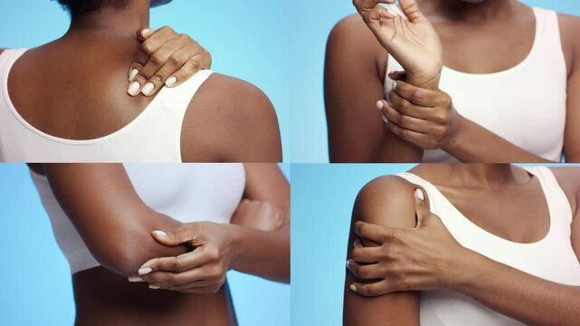 Individuals showcase their discomfort by touching different areas of pain on the body. This collection highlights the prevalence of health challenges across various settings.