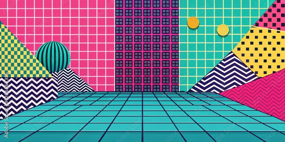 Wall mural vibrant geometric composition featuring interlocking patterns and 3d shapes on a retro-inspired grid