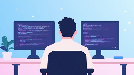 A programmer focused on coding in a clean, minimal office setting, with dual monitors displaying code to emphasize focus and professionalism, computer programming concept