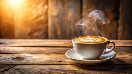 Obraz premium Aromatic Steam Rising from a Cup of Latte Art Coffee on Rustic Wooden Table