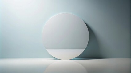 A minimalist studio scene with a large white circular display against a pale blue wall