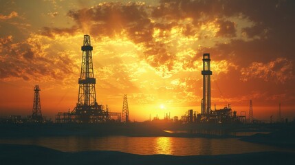 Obraz premium Silhouetted oil rigs at sunset over water. Illustrates energy production and industrial landscapes.